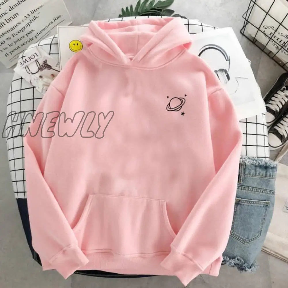 Velvet Winter Women’s Cute Saturn Printing Hooded Female Thicken Warm Hoodies Lady Autumn Tops