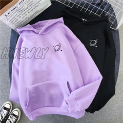 Velvet Winter Women’s Cute Saturn Printing Hooded Female Thicken Warm Hoodies Lady Autumn Tops