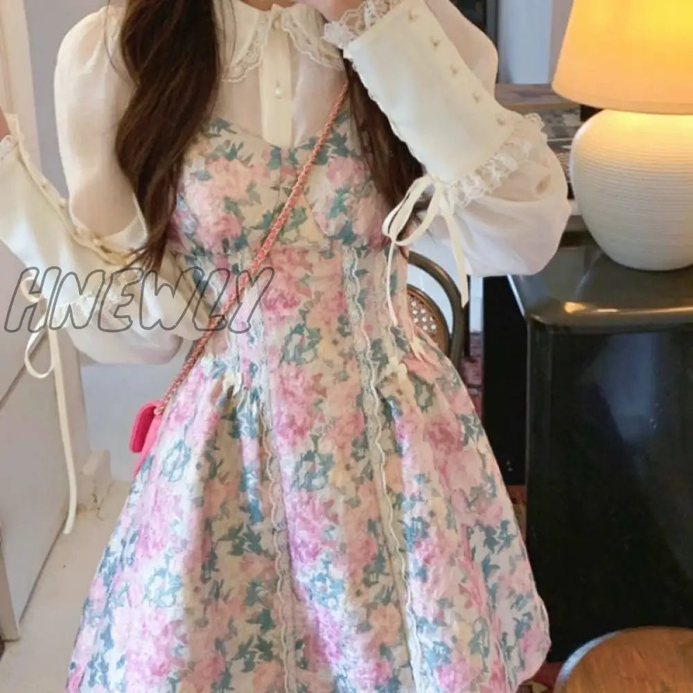 Vintage Floral 2 Piece Dress Set Women Casual Design Kawaii Lolita Female Y2K Mini Korean Fashion