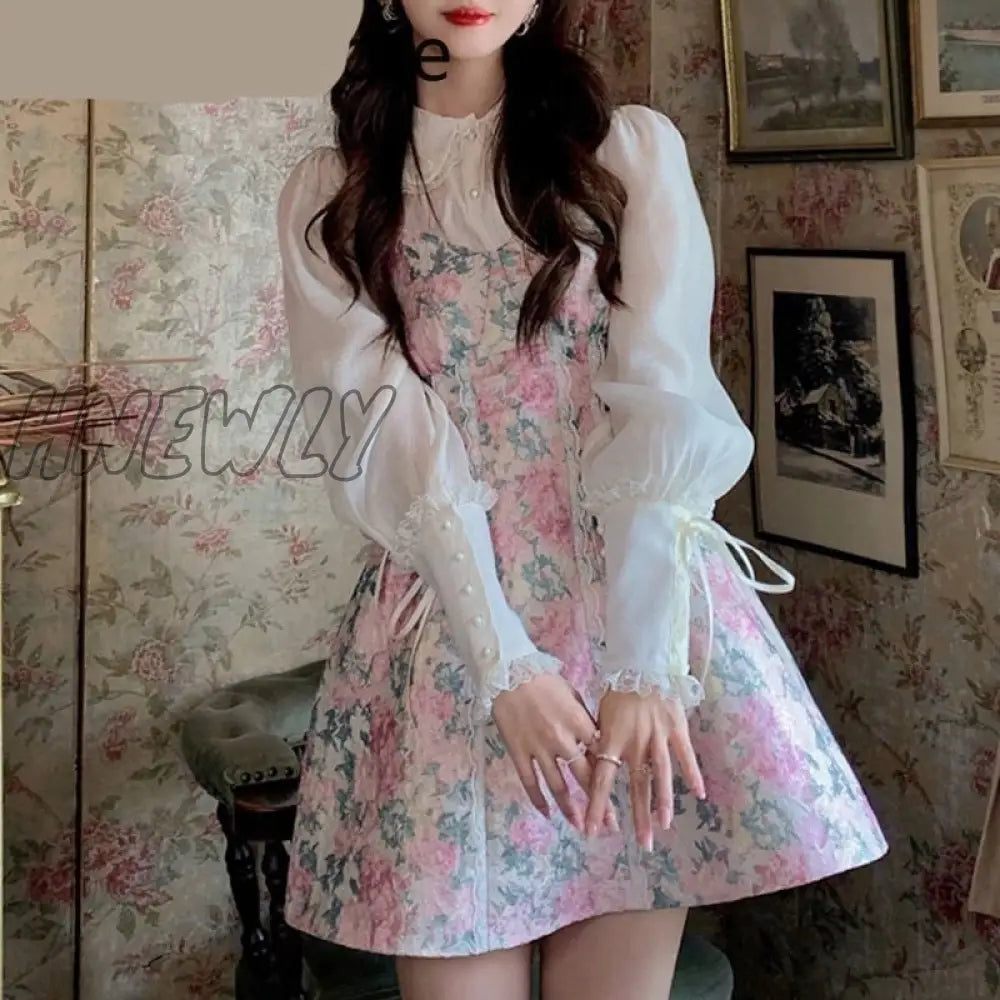 Vintage Floral 2 Piece Dress Set Women Casual Design Kawaii Lolita Female Y2K Mini Korean Fashion