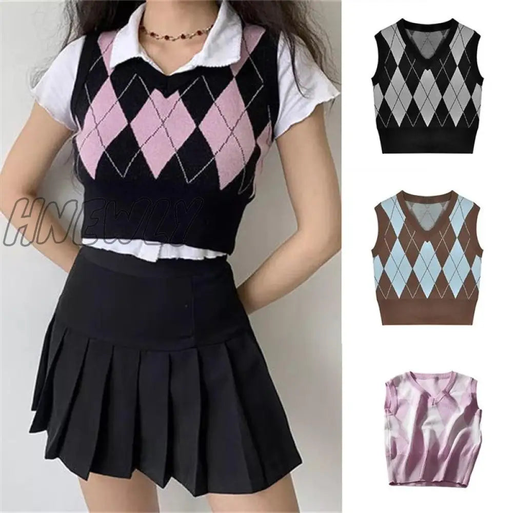 Vintage Plaid Sweater Vest Women V - Neck Sleeveless Tank College Style Knitting Pullovers Tops For