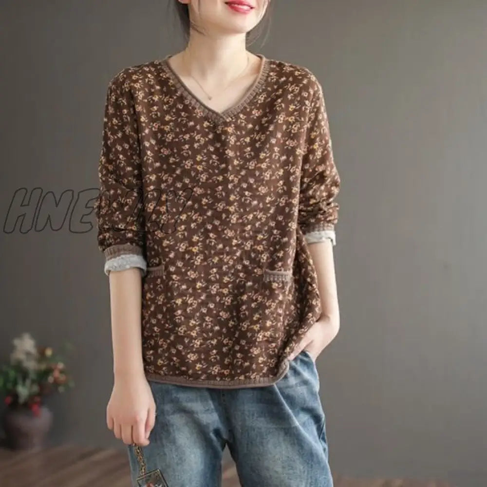 Vintage T Shirt Women Long Sleeve Cotton Linen Stitch V Neck Loose Tee Autumn Clothes Basic Tshirt