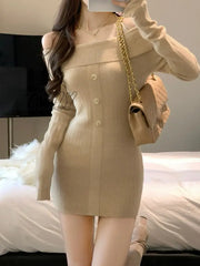 Winter Off Shoulder Sweater Dress Women Elegant Bodycon Y2K Mini Female Outwear One Piece Korean