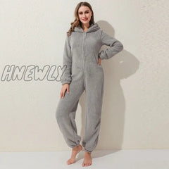 Winter Warm Pyjamas Women Onesies Fluffy Fleece Jumpsuits Sleepwear Overall Hood Sets Pajamas For