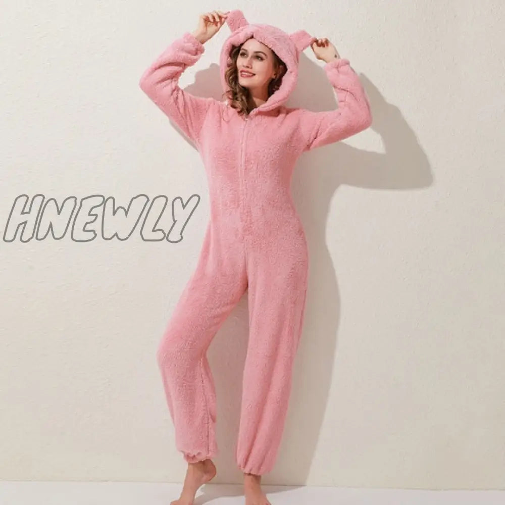 Winter Warm Pyjamas Women Onesies Fluffy Fleece Jumpsuits Sleepwear Overall Hood Sets Pajamas For