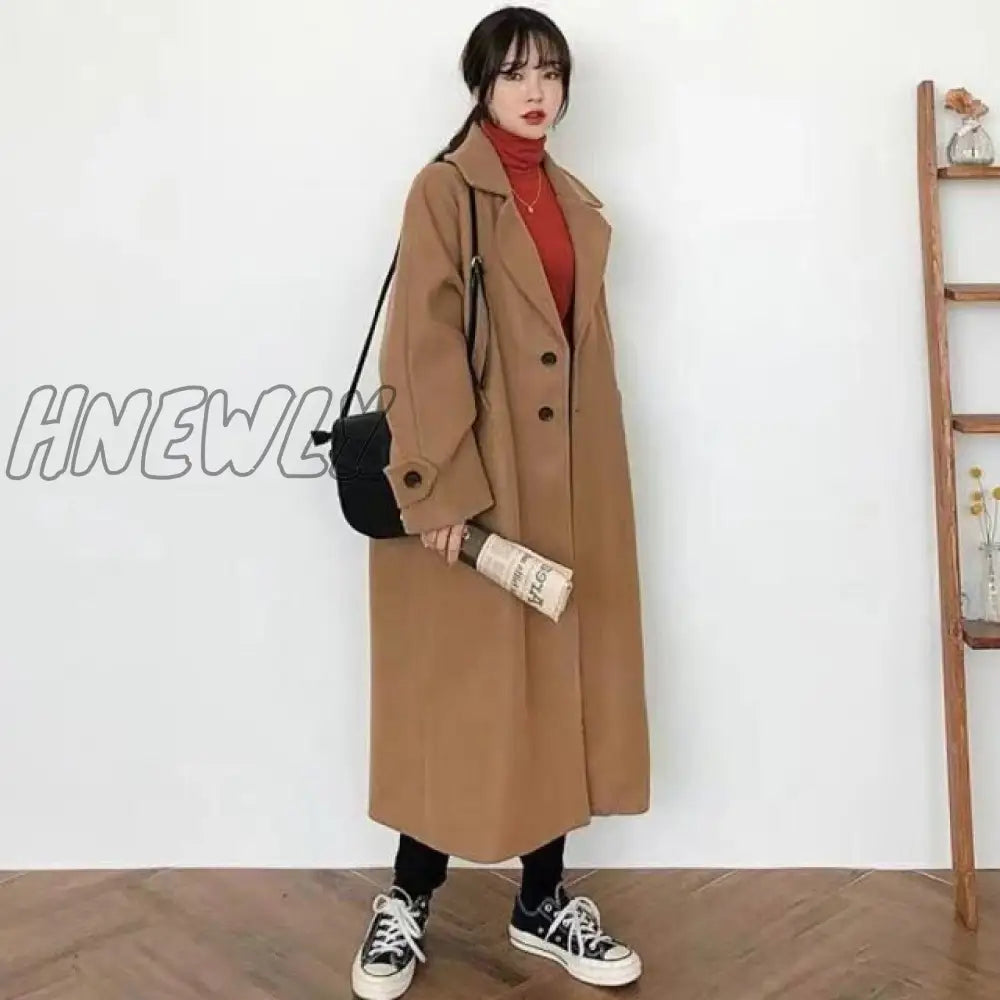 Woman Long Coat Fashion Korean Preppy Style Retro Versatile Windbreaker Casual Warm Woolen Oversize