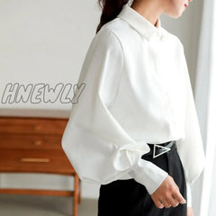 Women Blouse Vintage Turn - Down Collar Spring Autumn Lantern Sleeve Women Shirts White Tops Long