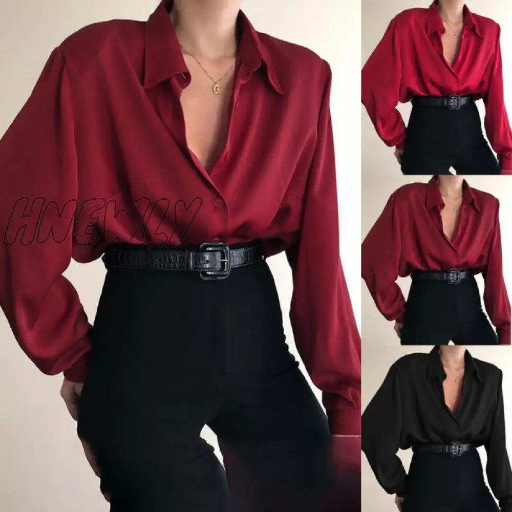 Women Button Blouses Turn Down Collar Shirts Office Lady Long Sleeve Casual Blouse Loose Ol Shirt