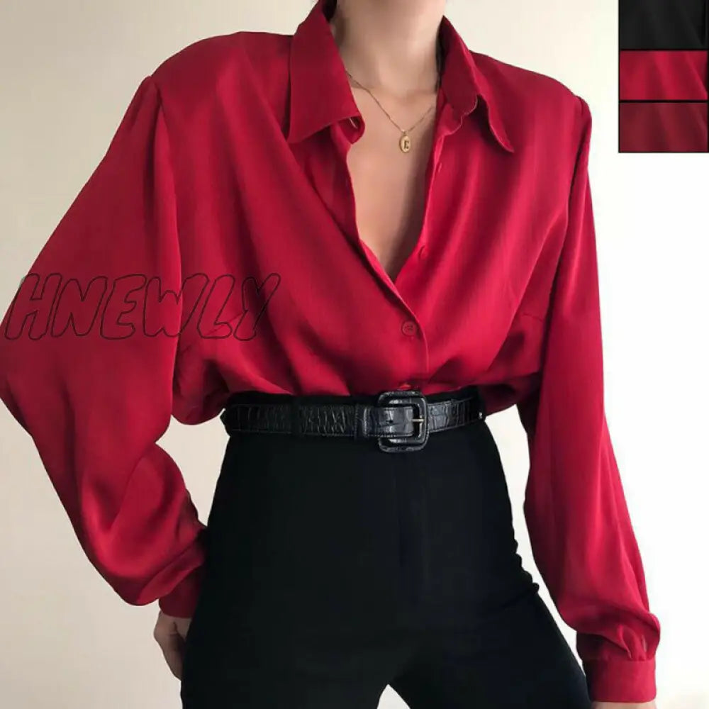 Women Button Blouses Turn Down Collar Shirts Office Lady Long Sleeve Casual Blouse Loose Ol Shirt