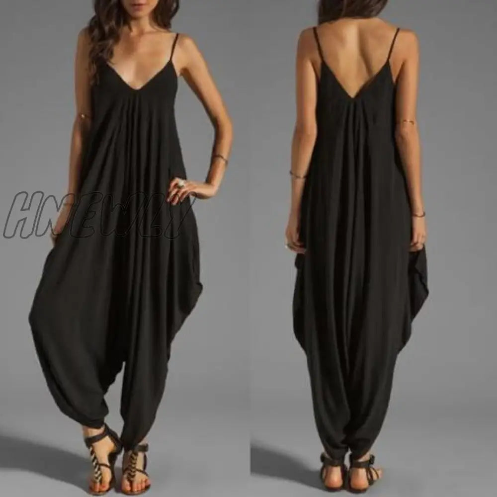 Women Casual Sleeveless Deep V Neck Jumpsuit Plus Size Summer Spaghetti Strap Rompers Black / 5Xl