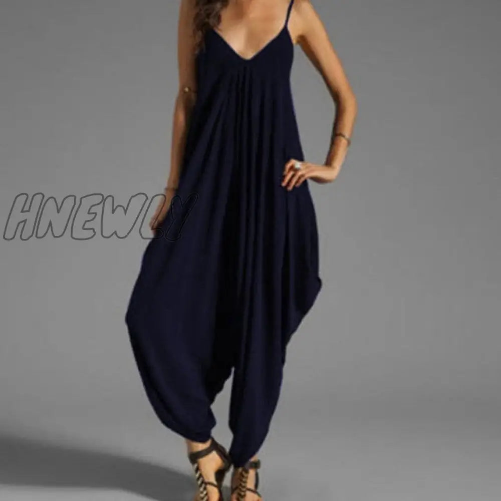 Women Casual Sleeveless Deep V Neck Jumpsuit Plus Size Summer Spaghetti Strap Rompers Blue / 5Xl