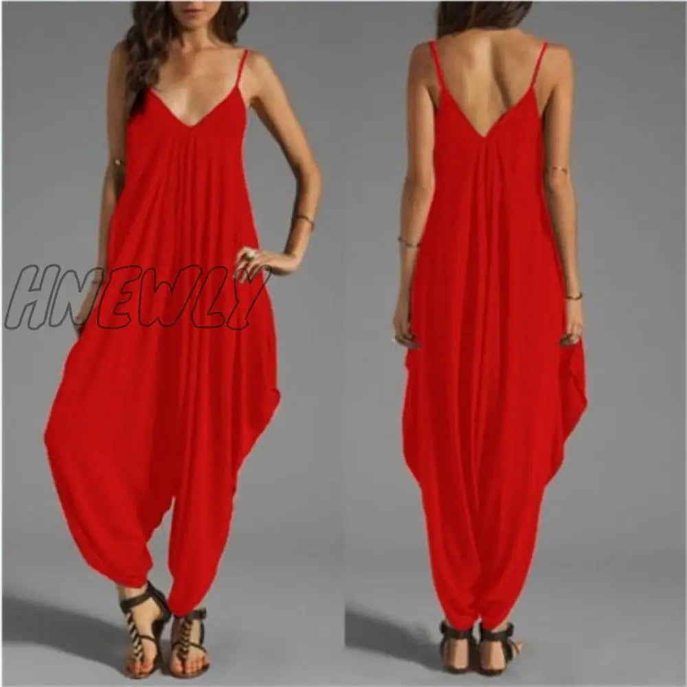 Women Casual Sleeveless Deep V Neck Jumpsuit Plus Size Summer Spaghetti Strap Rompers Light Red /