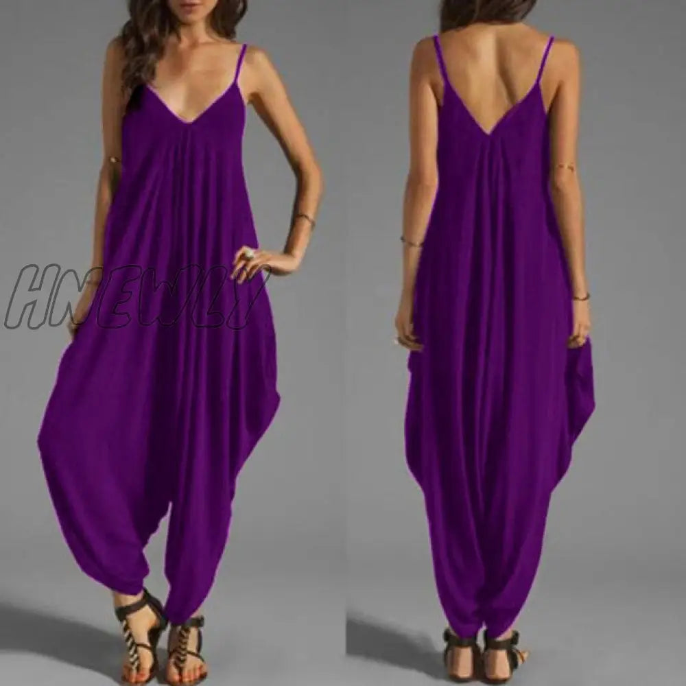 Women Casual Sleeveless Deep V Neck Jumpsuit Plus Size Summer Spaghetti Strap Rompers Purple / 5Xl