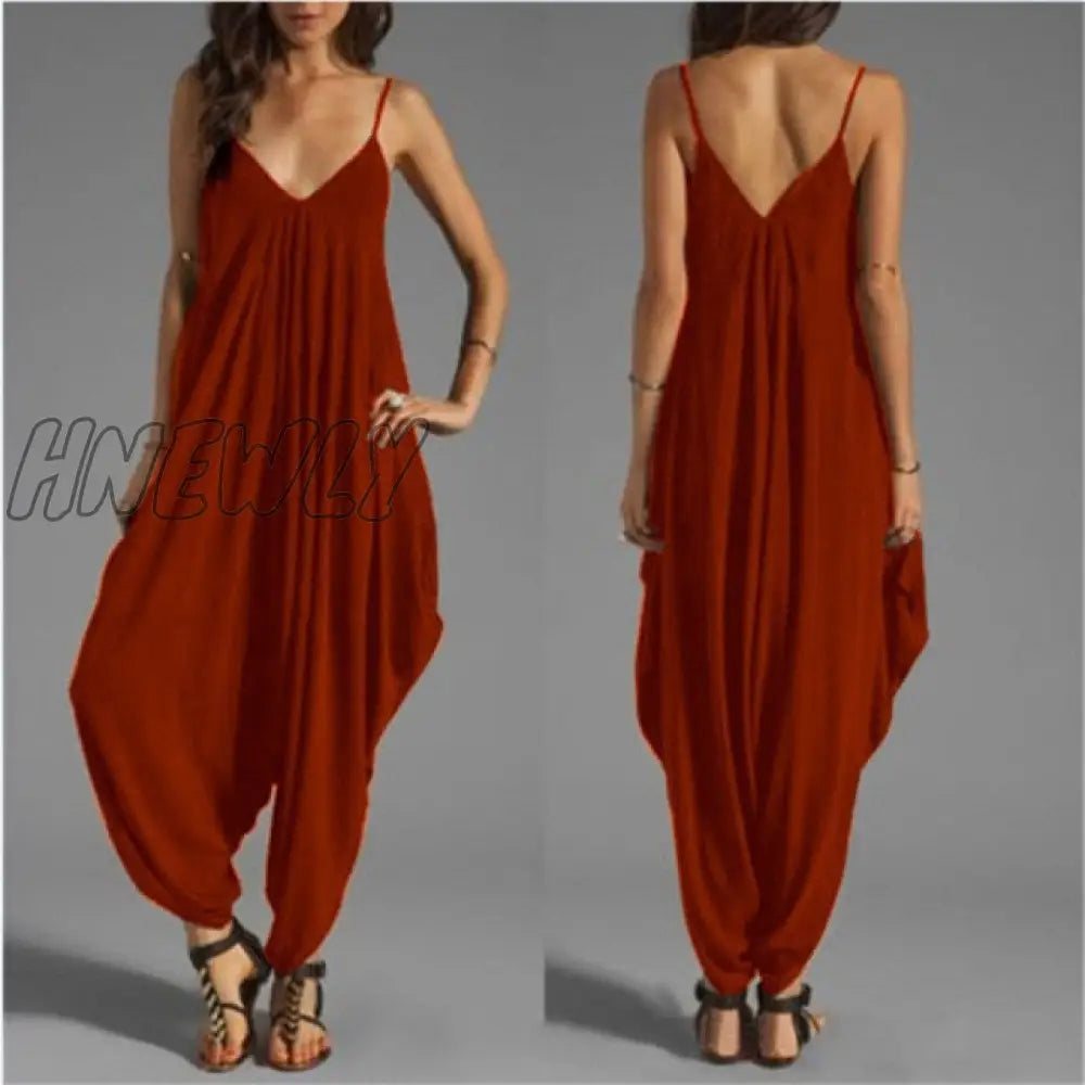 Women Casual Sleeveless Deep V Neck Jumpsuit Plus Size Summer Spaghetti Strap Rompers Red / 5Xl