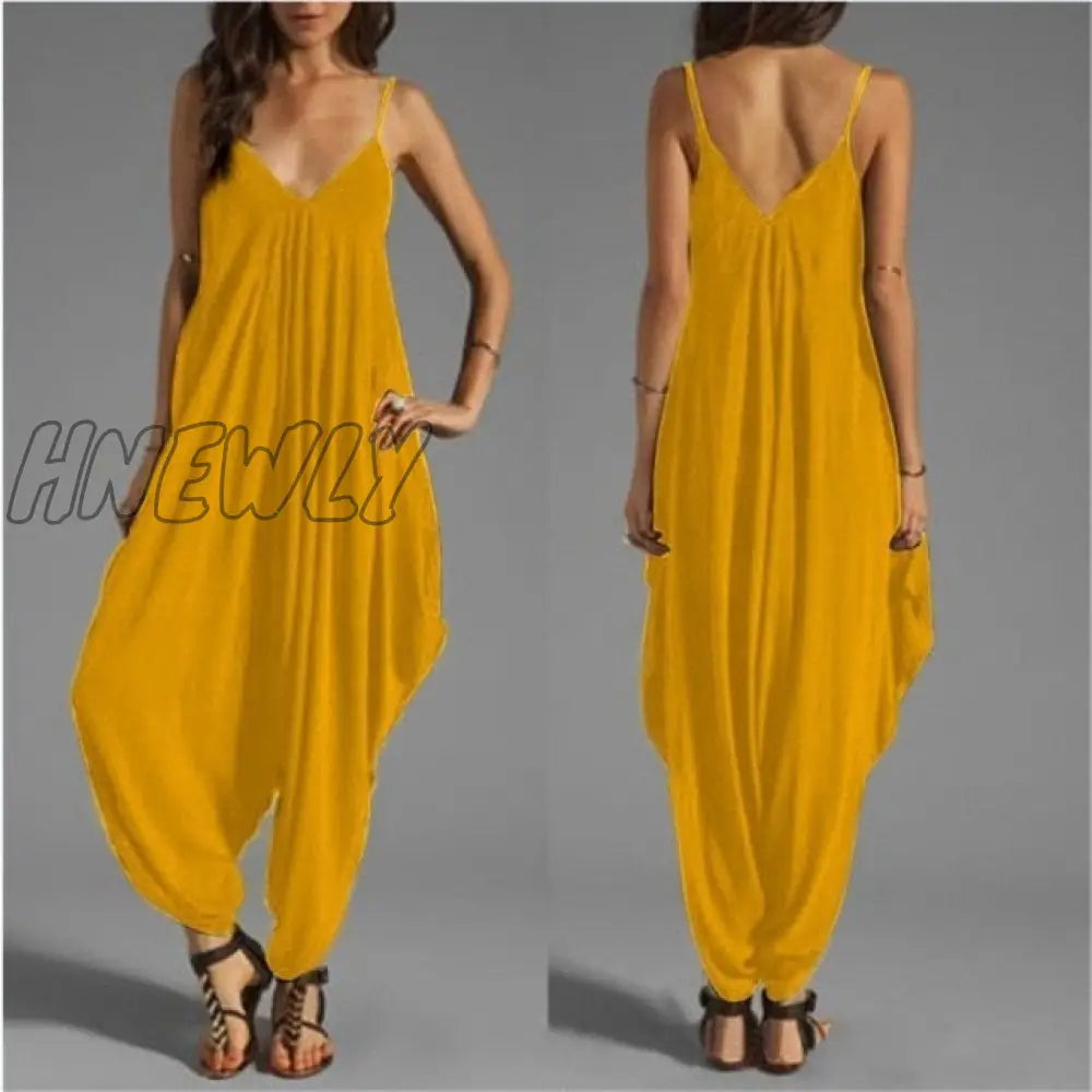 Women Casual Sleeveless Deep V Neck Jumpsuit Plus Size Summer Spaghetti Strap Rompers Yellow / Xxxl