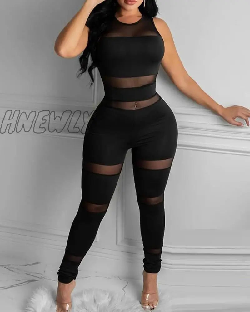 Women Fashion Elegant Casual Sheer Mesh Thick Strap Sleeveless Skinny Jumpsuit Solid Sexy Round