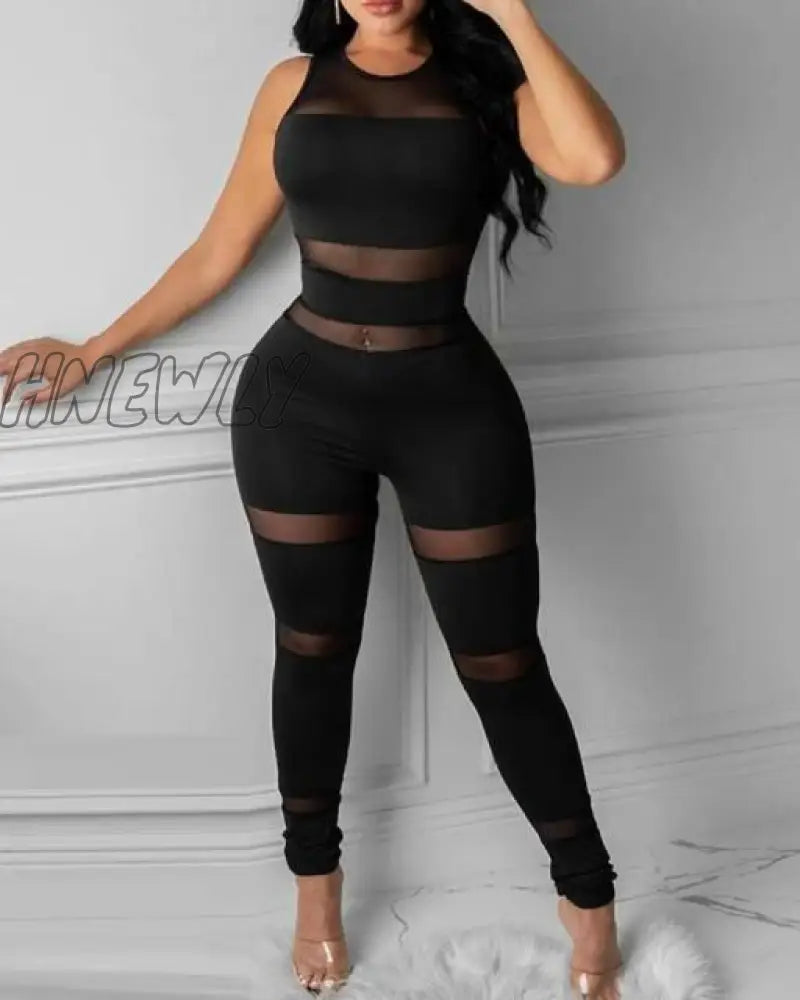 Women Fashion Elegant Casual Sheer Mesh Thick Strap Sleeveless Skinny Jumpsuit Solid Sexy Round