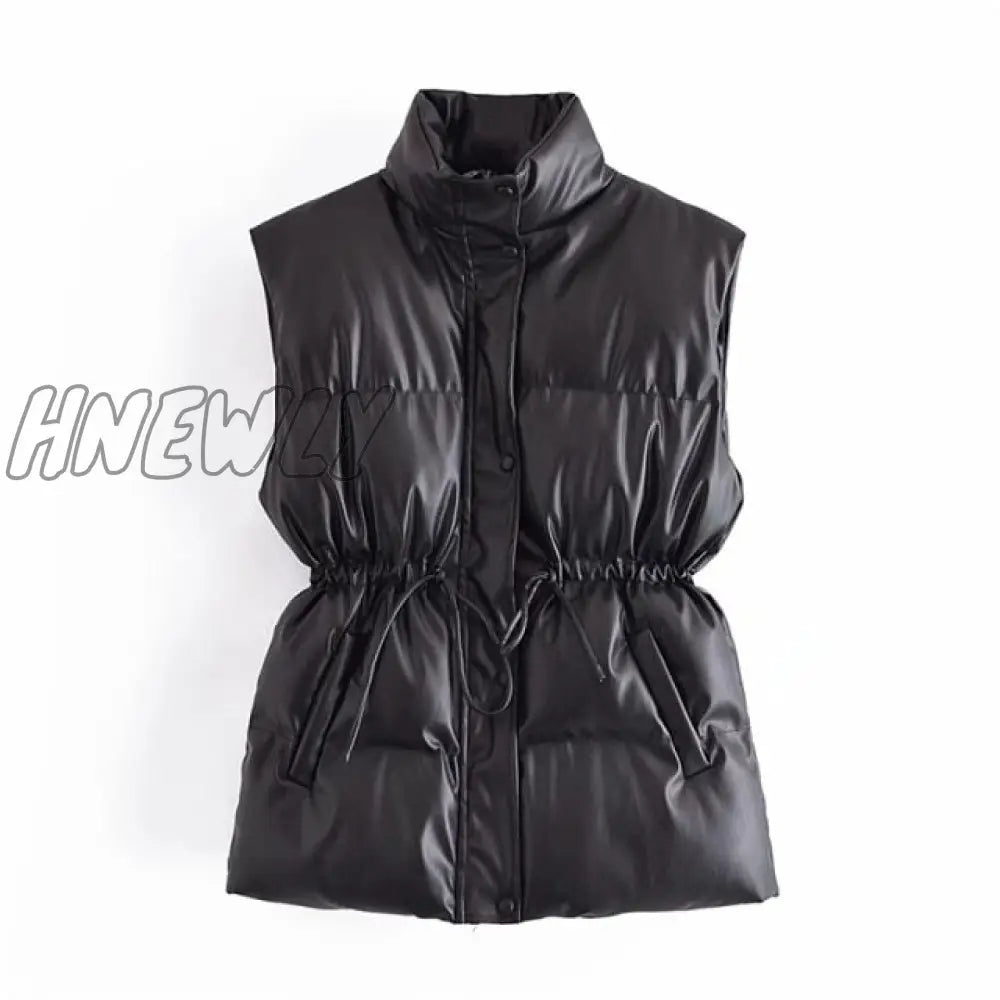 Women Fashion Leather Cotton Pocket Padded Waistcoat Vintage Sleeveless Female Outerwear Streetwear