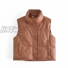 Women Fashion Leather Cotton Pocket Padded Waistcoat Vintage Sleeveless Female Outerwear Streetwear