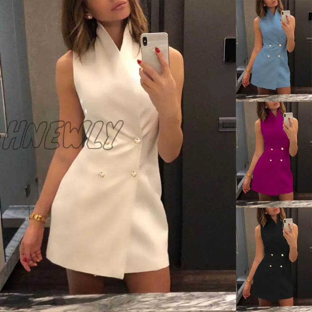 Women For Wedding Collar Blazer Double Breasted Sleeveless Dress Fashion Lady Summer High Waist