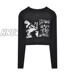 Women Knitted Crop Top Vintage Aesthetic Letter Printed Long Sleeve T - Shirts Sexy Slim Fit Tee