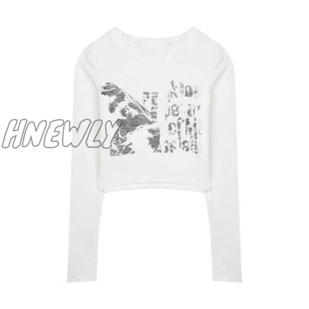 Women Knitted Crop Top Vintage Aesthetic Letter Printed Long Sleeve T - Shirts Sexy Slim Fit Tee