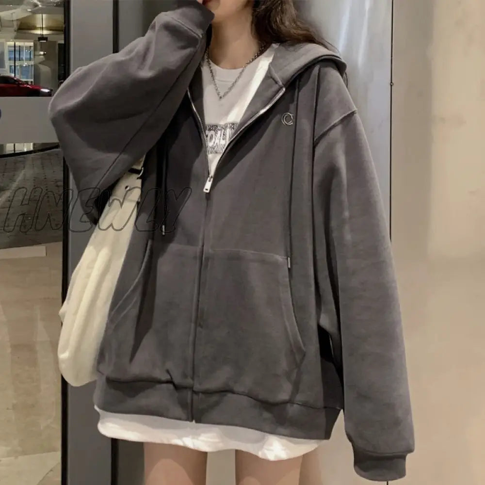 Women Korean Style Hoodies Zip - Up Harajuku Oversized Solid Pocket Hooded Sweatshirts Autumn Long