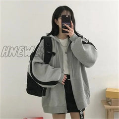 Women Korean Style Hoodies Zip - Up Harajuku Oversized Solid Pocket Hooded Sweatshirts Autumn Long