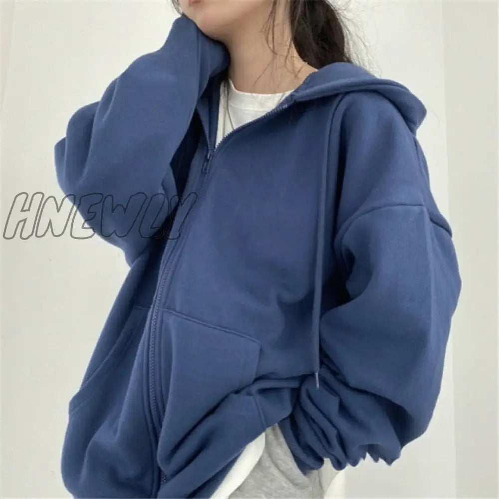 Women Korean Style Hoodies Zip - Up Harajuku Oversized Solid Pocket Hooded Sweatshirts Autumn Long