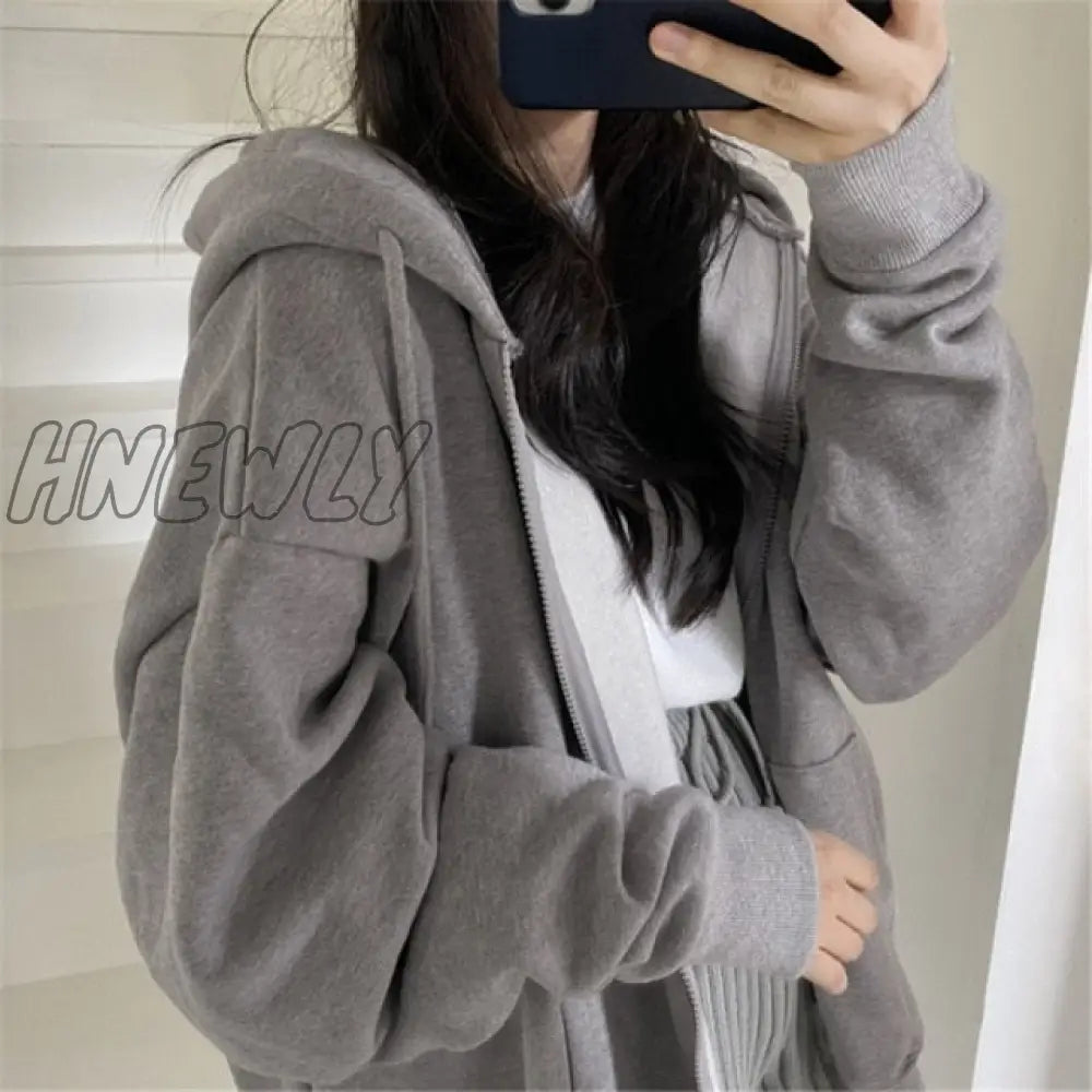 Women Korean Style Hoodies Zip - Up Harajuku Oversized Solid Pocket Hooded Sweatshirts Autumn Long