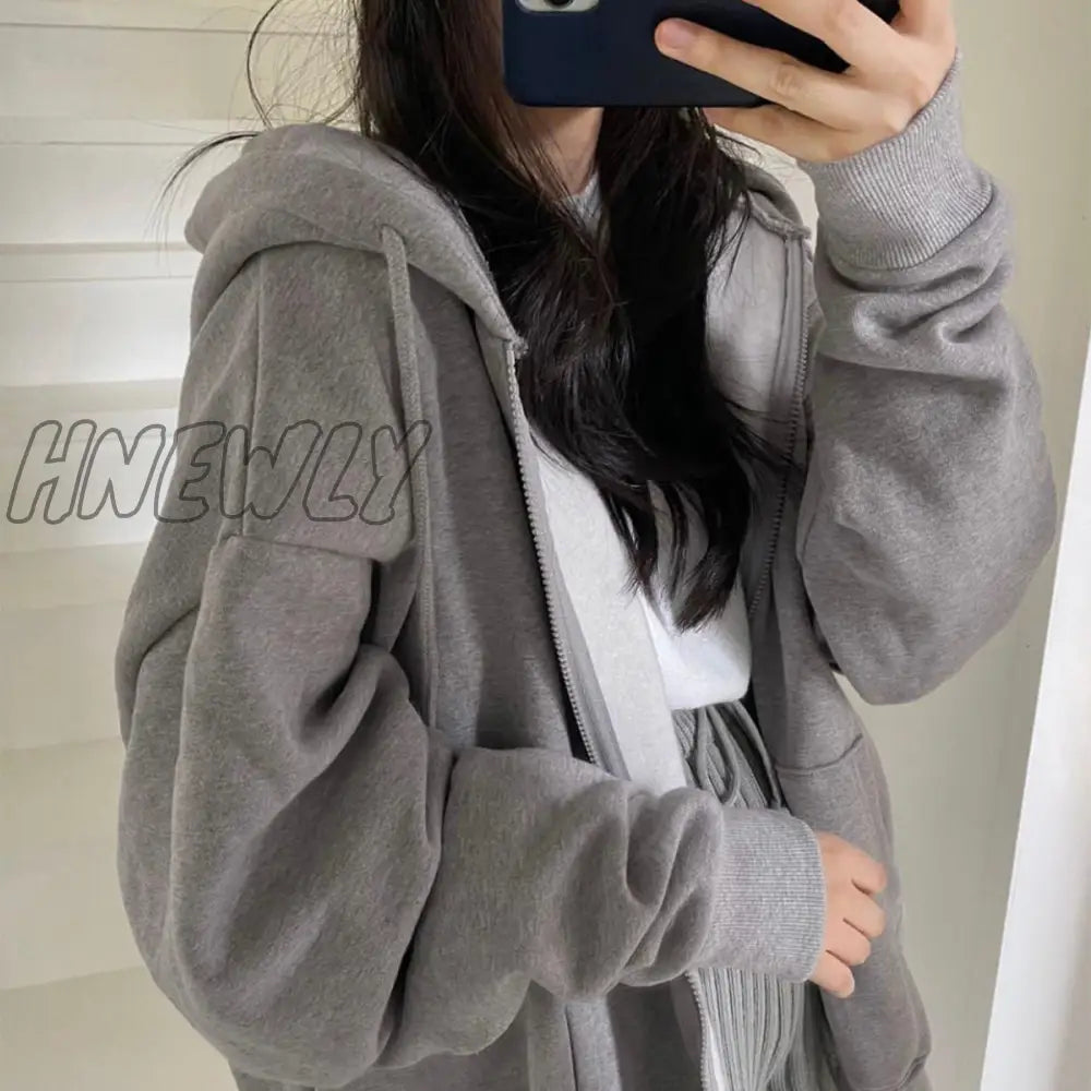 Women Korean Version Loose Hoodies Long Sleeve Zip Up Solid Pocket Oversized Sweatshirts Female