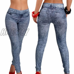 Women Leggings Denim Jeans Pants With Pocket Slim Fitness Blue Black Leggins