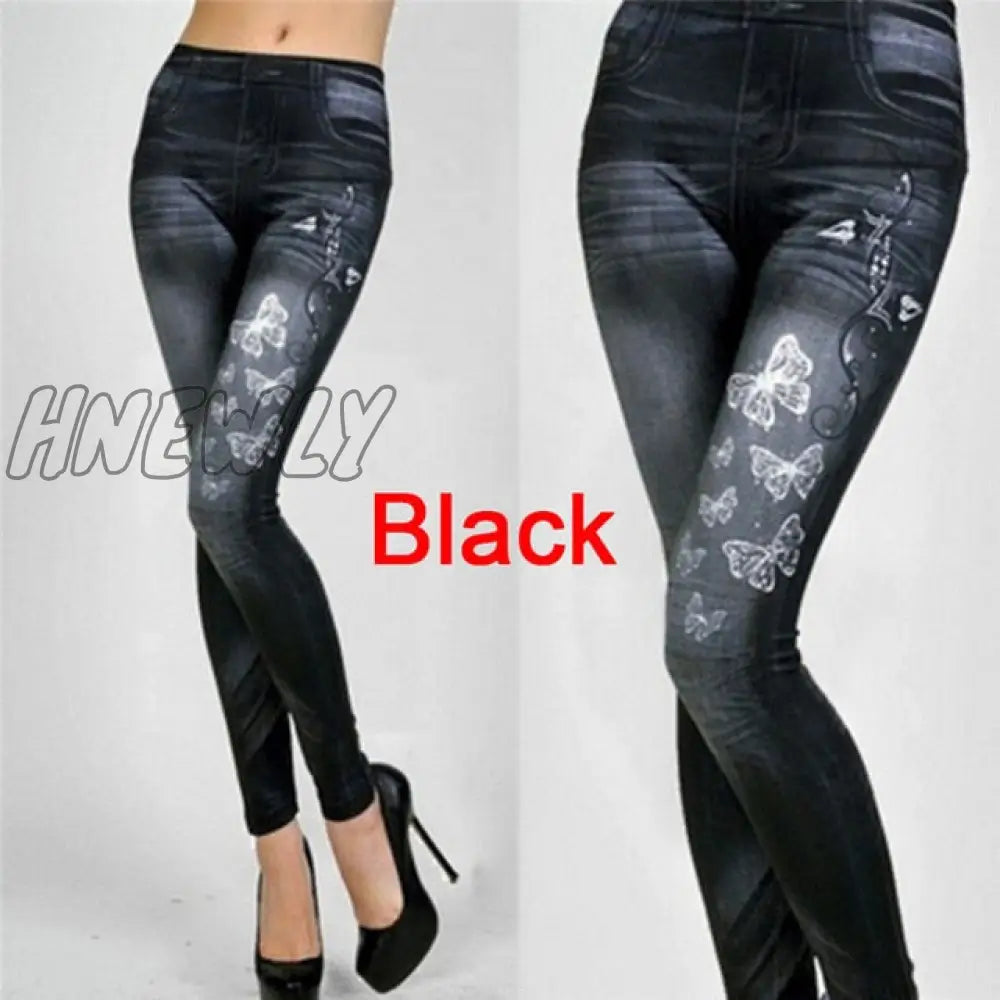 Women Leggings Denim Jeans Pants With Pocket Slim Fitness Blue Black Leggins Jt - Cw - 466 - Bk /