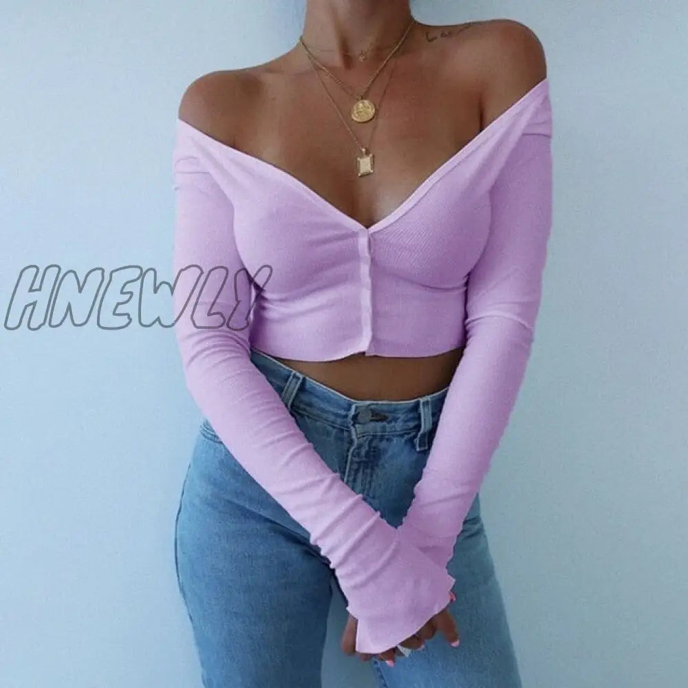 Women Long Sleeve Crop Tops Sexy Deep V Neck Basic Solid Black White Lady Casual Tshirt Off