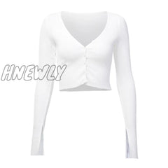 Women Long Sleeve Crop Tops Sexy Deep V Neck Basic Solid Black White Lady Casual Tshirt Off