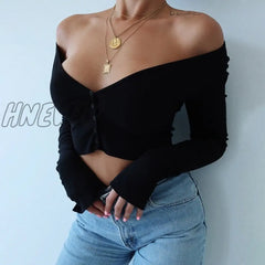 Women Long Sleeve Crop Tops Sexy Deep V Neck Basic Solid Black White Lady Casual Tshirt Off