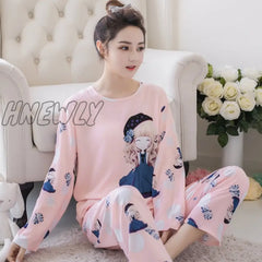 Women Pajamas Set Girl Sleepwear Pijama Long Pyjamas Suit Female Clothing Nightwear Red / L