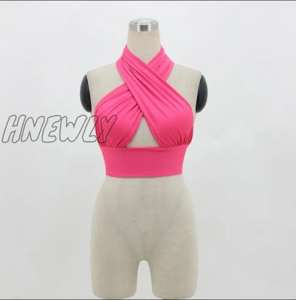 Women Strappy Cross Over Front Cut Out Halter Neck Sleeveless Backless Crop Top Bandage Vest Summer