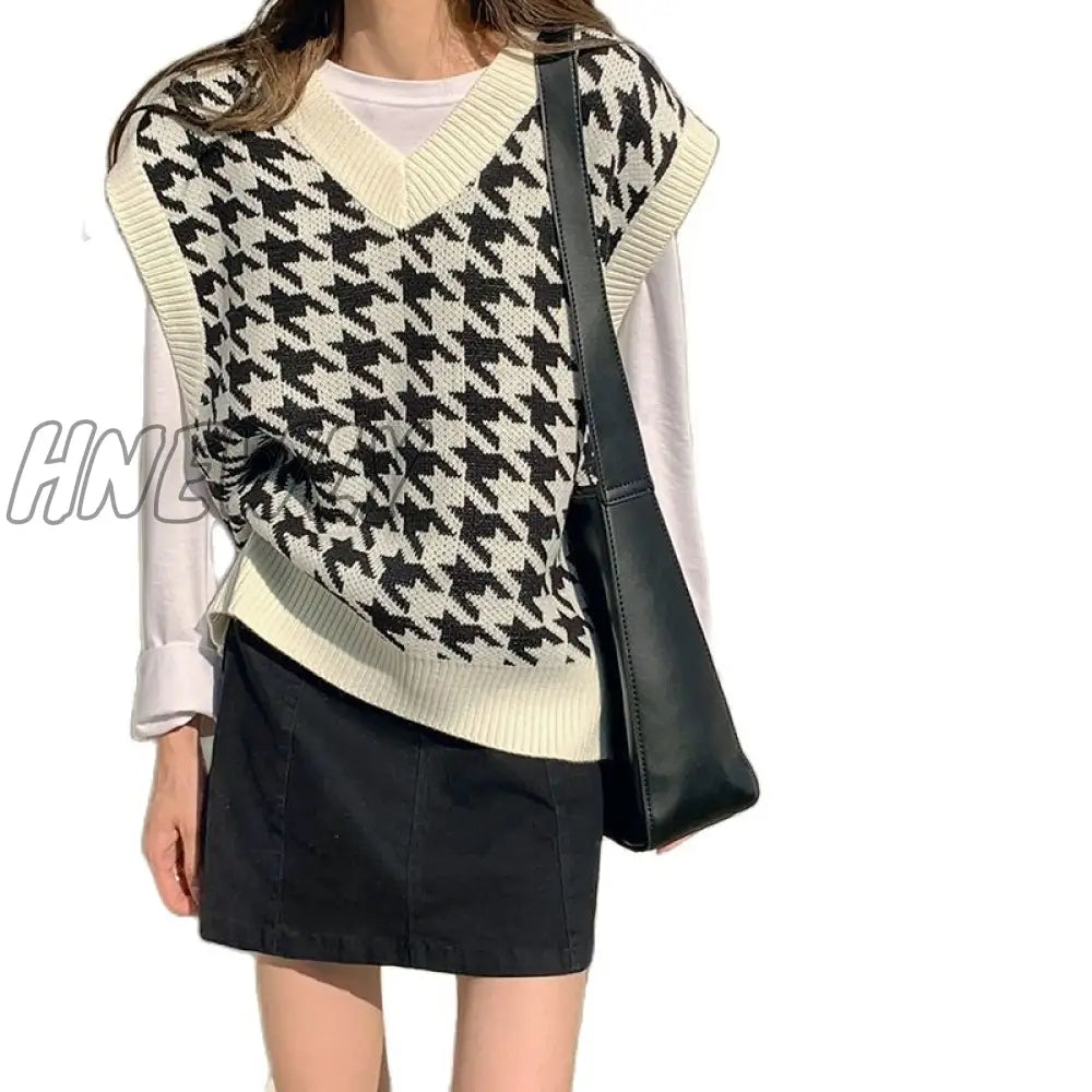 Women Sweater Vest Autumn Houndstooth Plaid V - Neck Sleeveless Knitted Vintage Loose Oversized