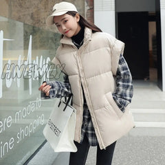 Women Thick Down Cotton Vest Winter Autumn Solid Puffer Waistcoat For Female Stand Collar Loose