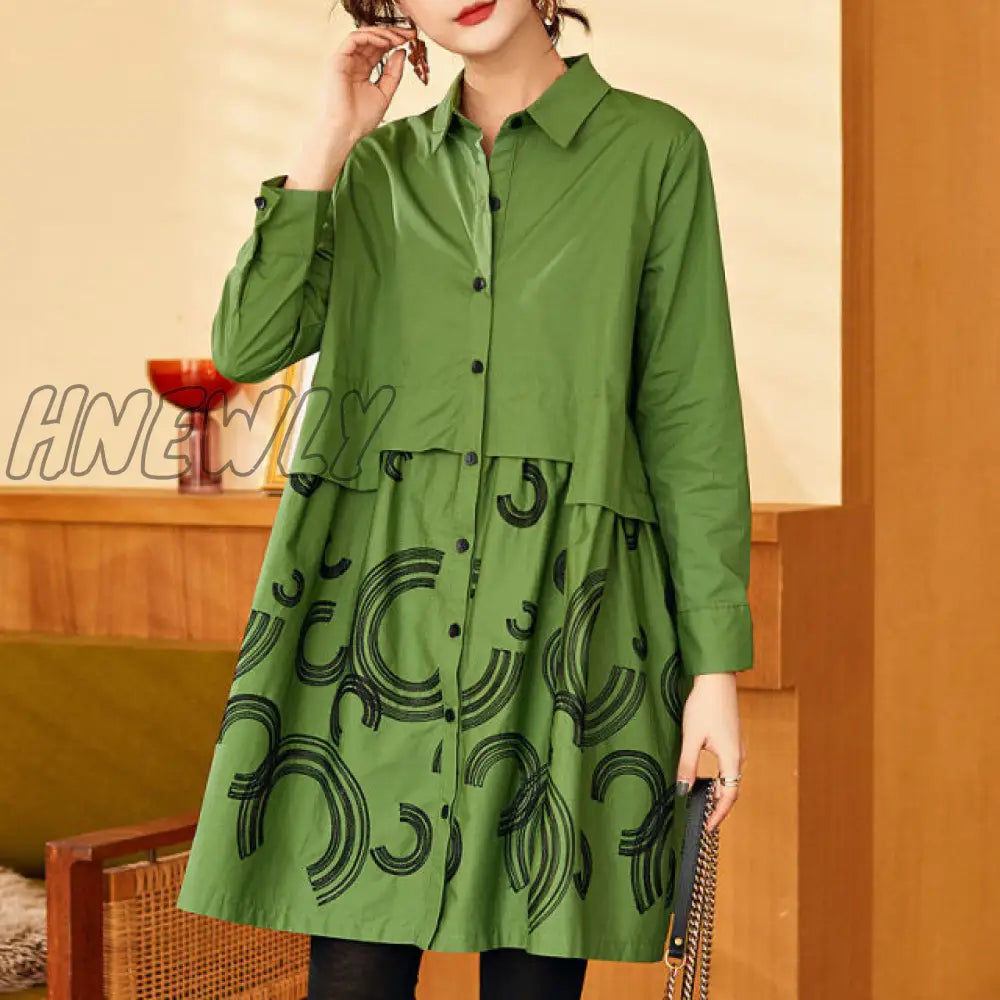 Women Trench Coat Embroidered Shirt Tops Spring Autumn New Long - Sleeved Loose Mid - Length Large