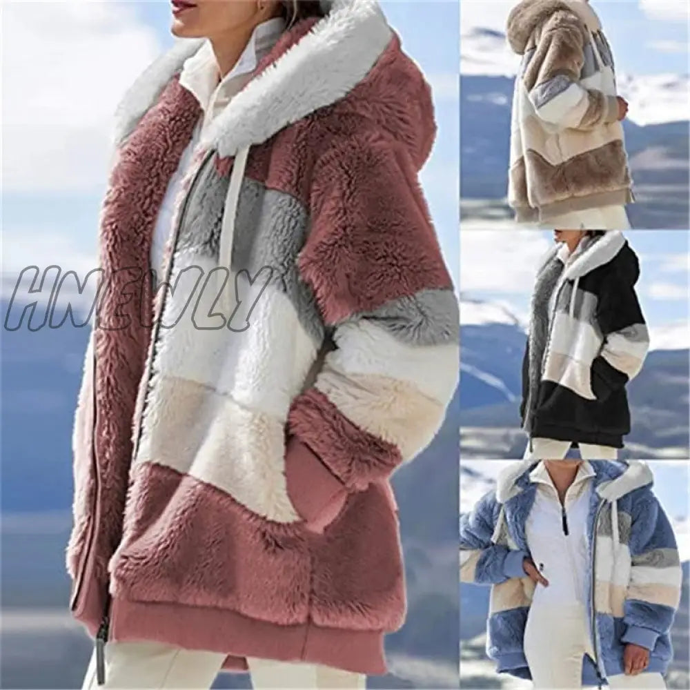 Women Warm Hooded Jacket Winter Zipper Casual Patchwork Loose Coat Fashion Faux Fur Parka Fleece