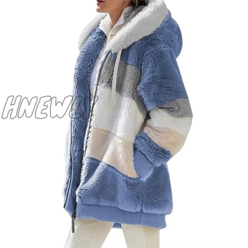 Women Warm Hooded Jacket Winter Zipper Casual Patchwork Loose Coat Fashion Faux Fur Parka Fleece