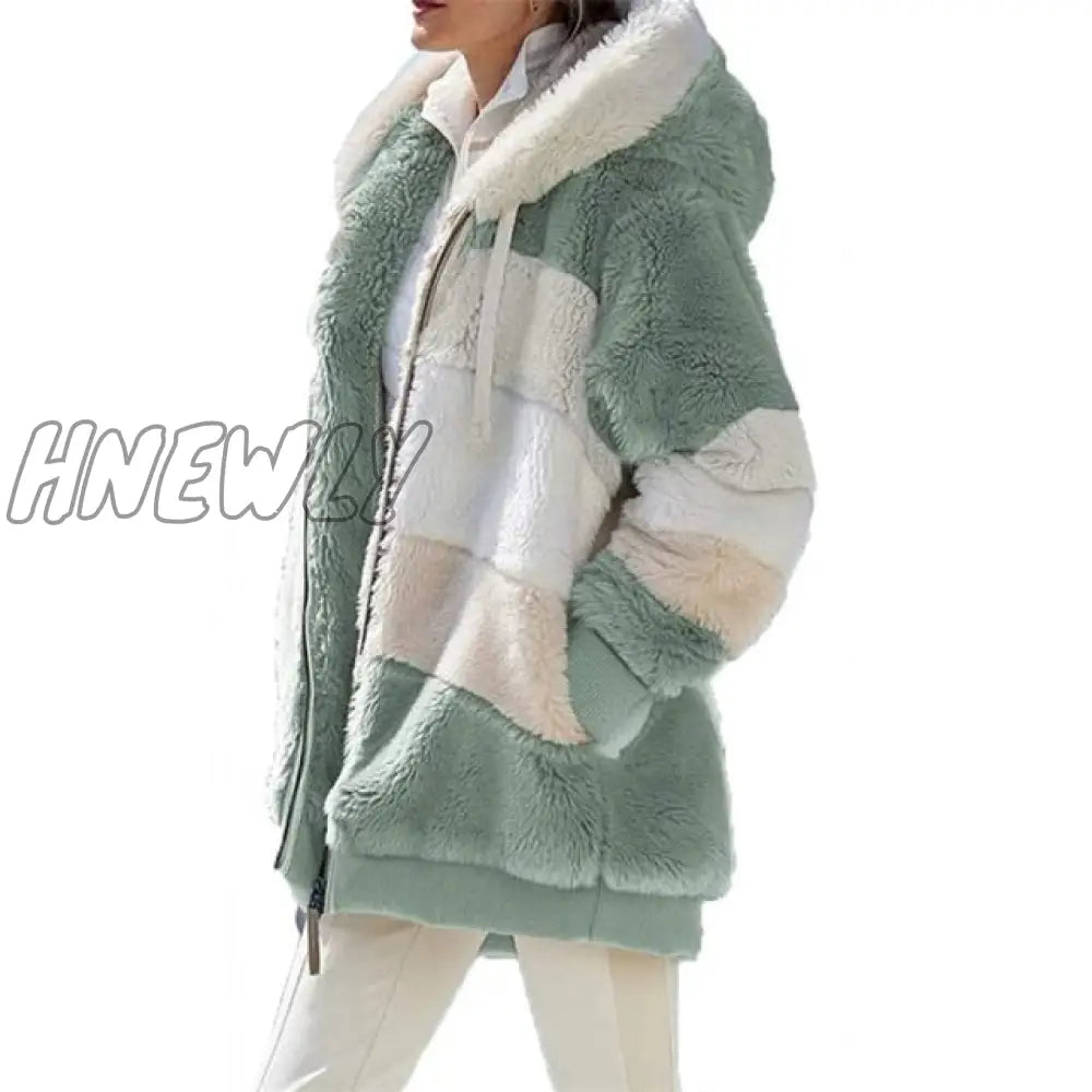 Women Warm Hooded Jacket Winter Zipper Casual Patchwork Loose Coat Fashion Faux Fur Parka Fleece