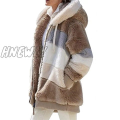 Women Warm Hooded Jacket Winter Zipper Casual Patchwork Loose Coat Fashion Faux Fur Parka Fleece