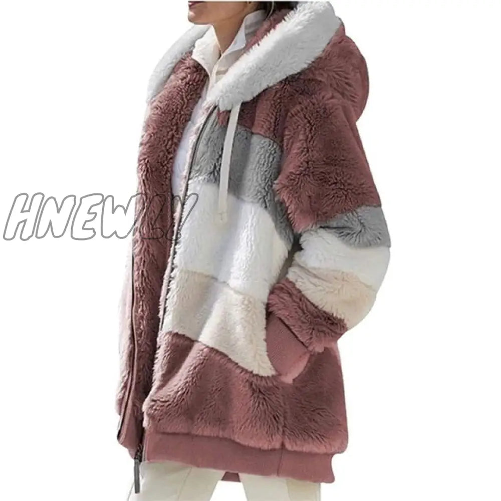 Women Warm Hooded Jacket Winter Zipper Casual Patchwork Loose Coat Fashion Faux Fur Parka Fleece