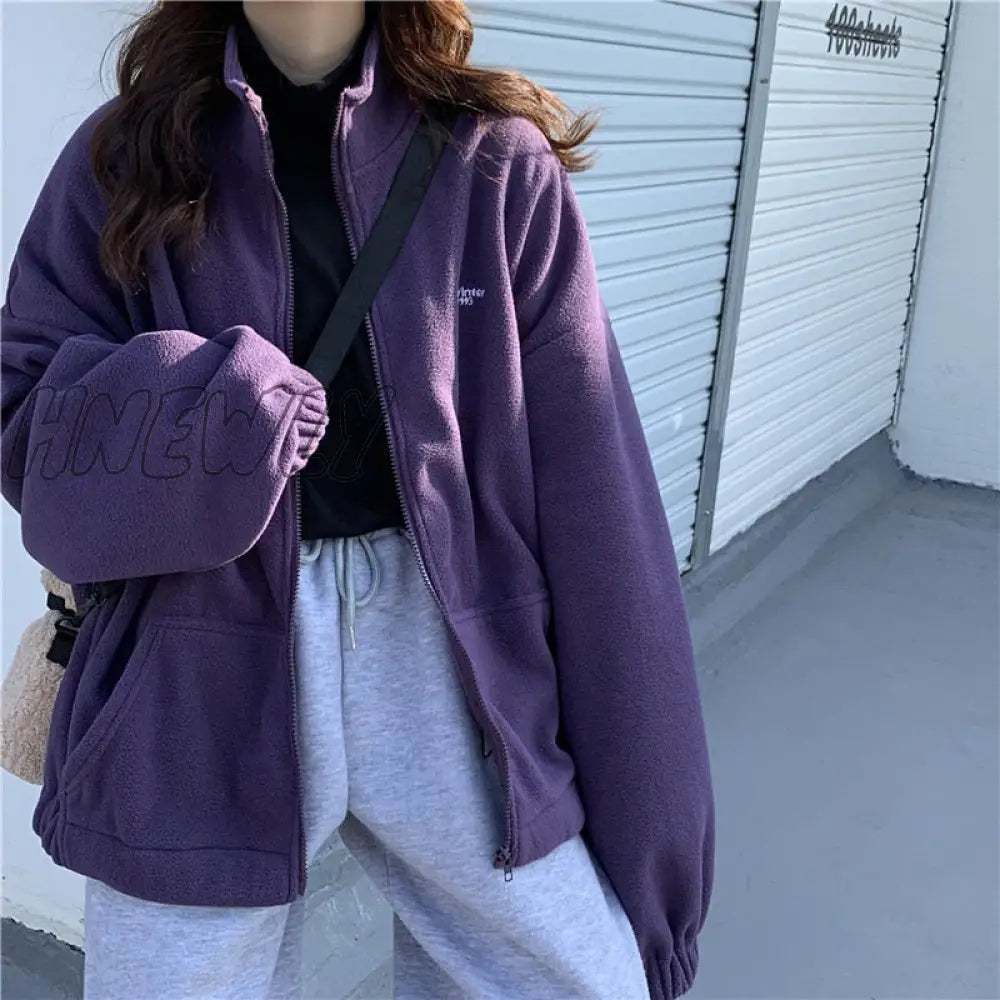 Women Zipper Pocket Jackets Letter Printed Long Sleeve Loose Lapel Plus Velvet Casual Autumn Winter