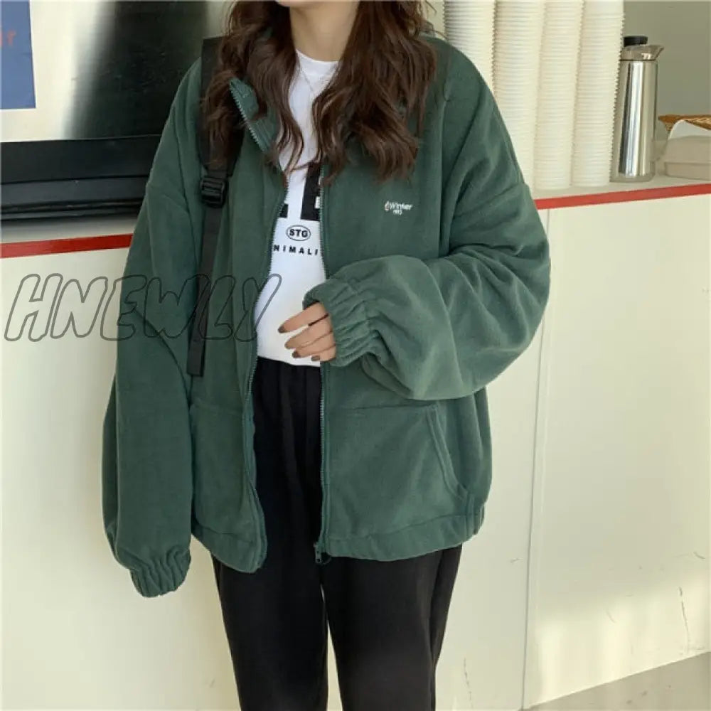 Women Zipper Pocket Jackets Letter Printed Long Sleeve Loose Lapel Plus Velvet Casual Autumn Winter