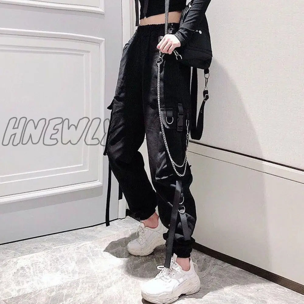 Women’s Cargo Pants Buckle Ribbon Pocket Jogger Elastic Waist High Hip Hop Streetwear Harajuku