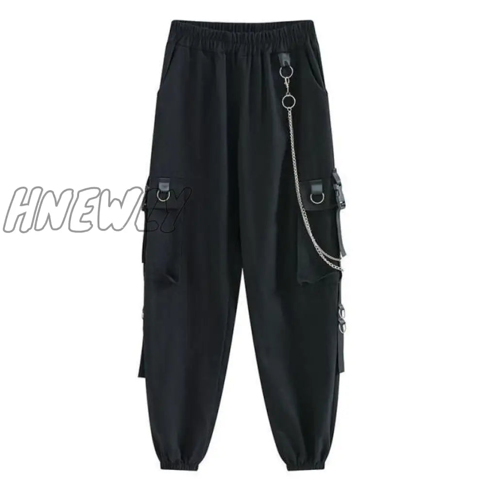 Women’s Cargo Pants Buckle Ribbon Pocket Jogger Elastic Waist High Hip Hop Streetwear Harajuku